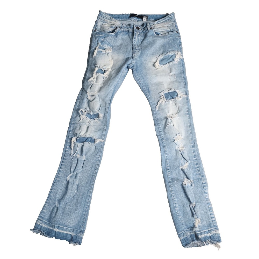 Focus Jeans 34WX32L Mens Blue Stretch Distressed Skinny Jeans‎